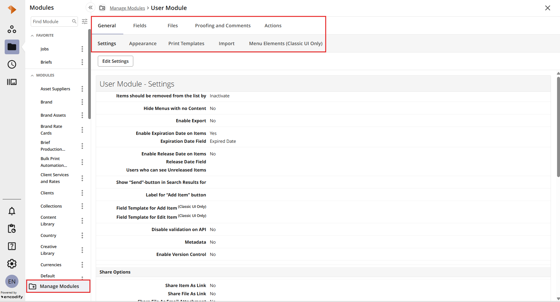User Module settings with options for managing modules and configurations displayed.